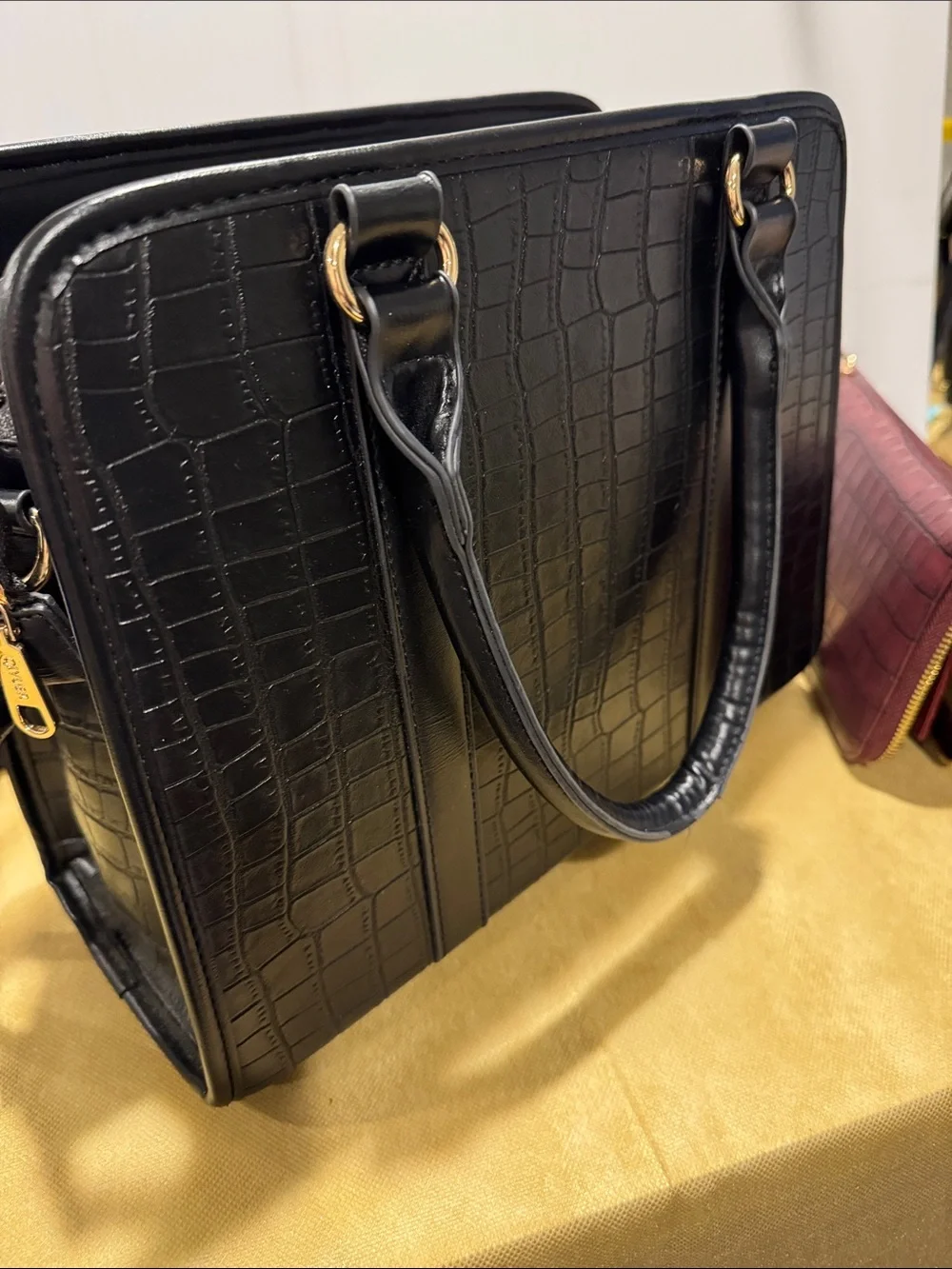 Croc-Embossed Black and Burgundy Satchel with Gold Accent Matching Billfold